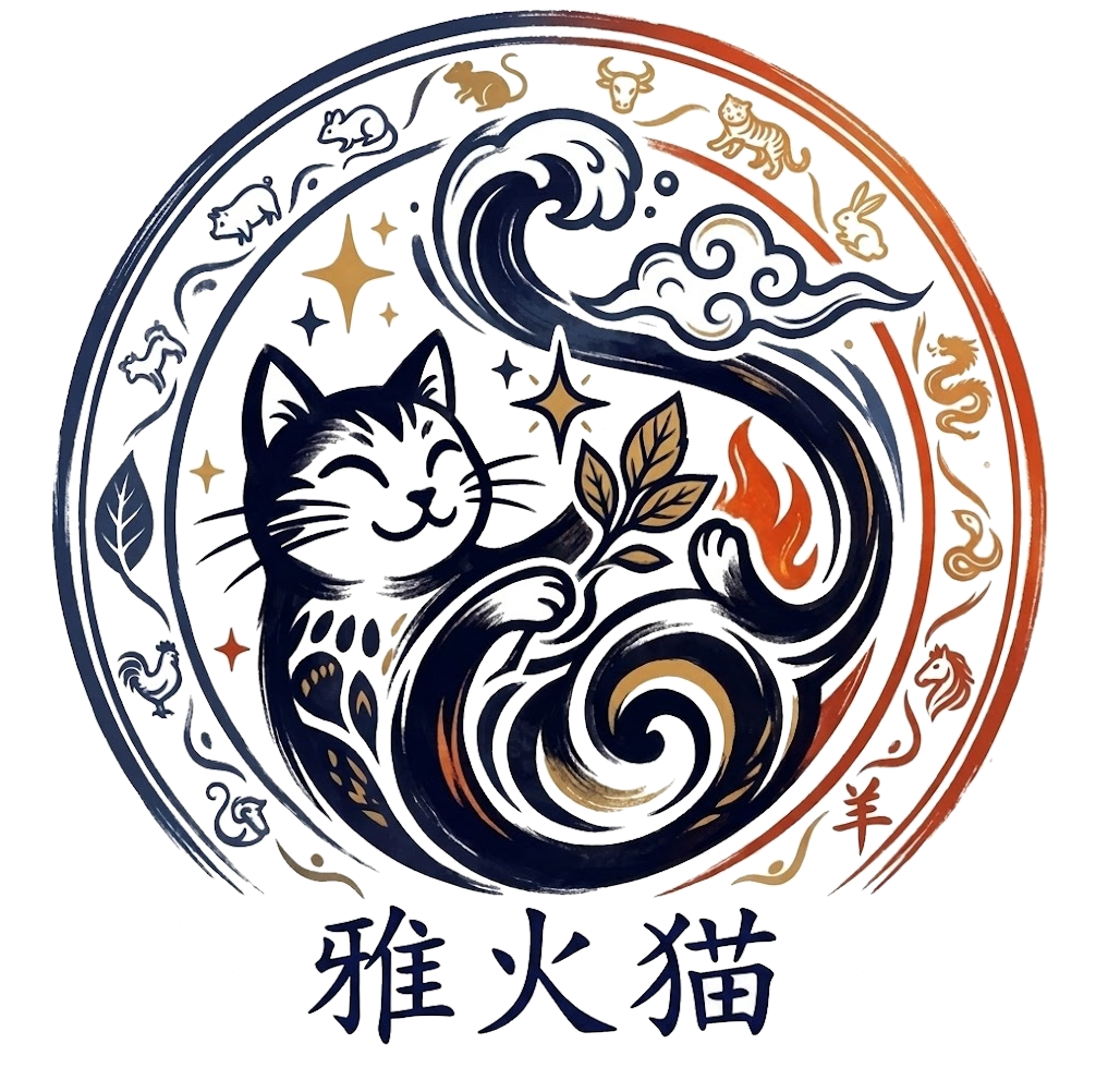 Terres d'équilibre MTC — chat de feu Yin Yang entouré des douze animaux du zodiaque chinois, symbole du cabinet