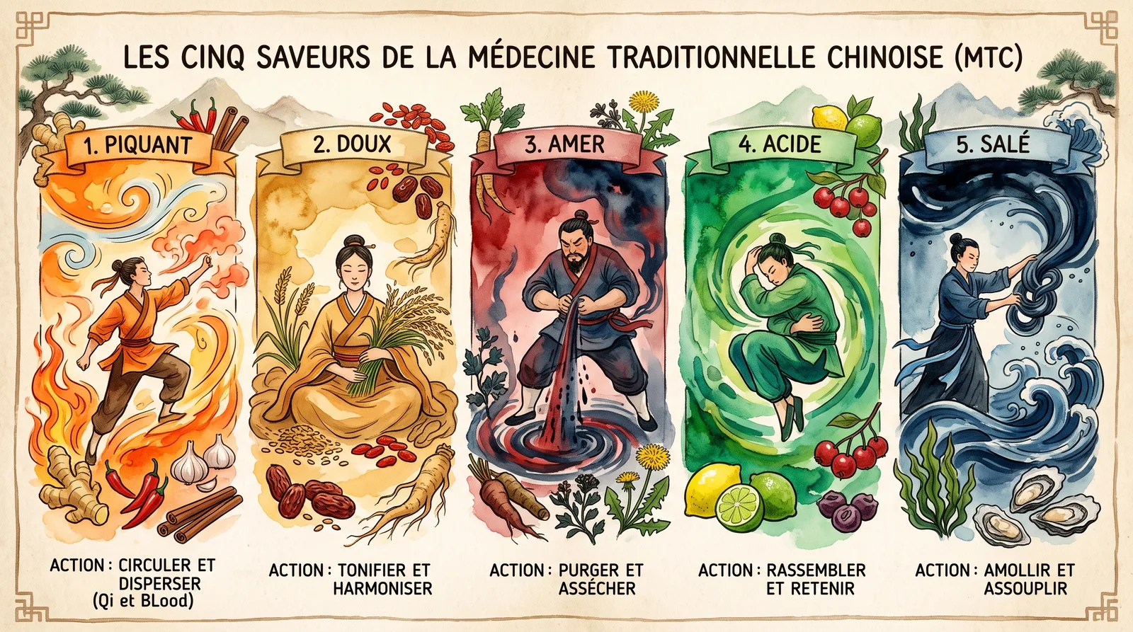 Les cinq saveurs de la médecine traditionnelle chinoise : piquant, doux, amer, acide et salé, avec leur action respective