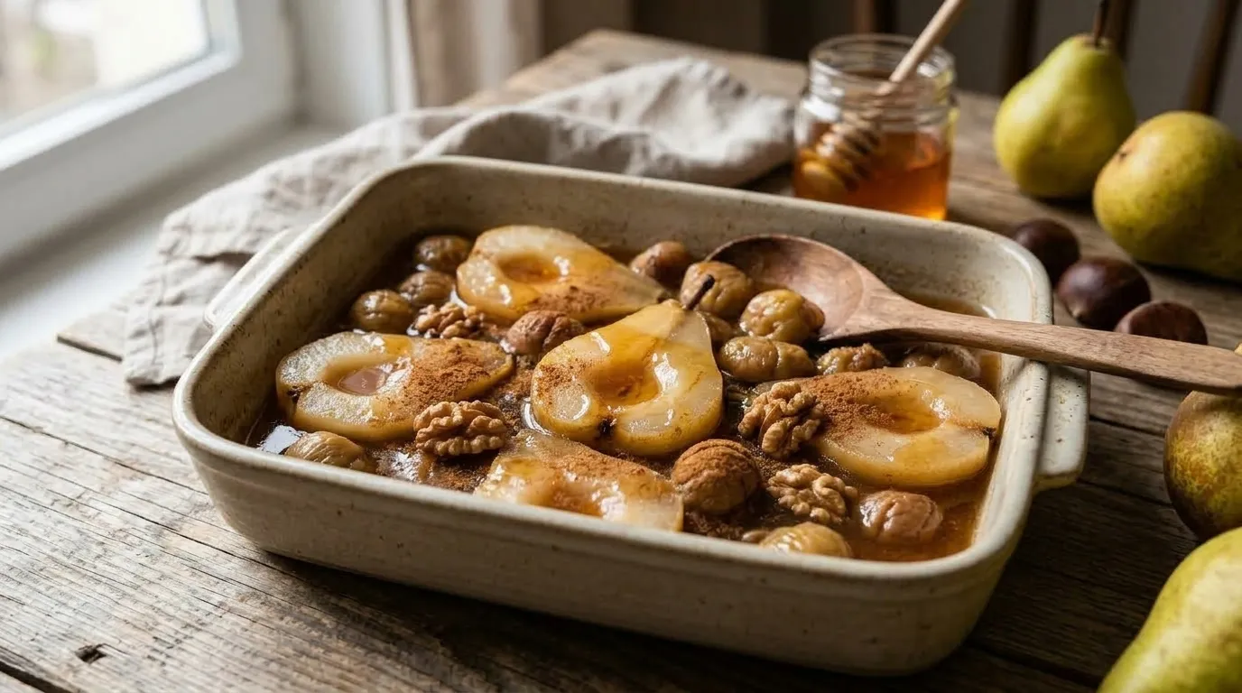 Poires fondantes, châtaignes et cerneaux de noix saupoudrés de cannelle dans un plat en grès, à côté d'un pot de miel.