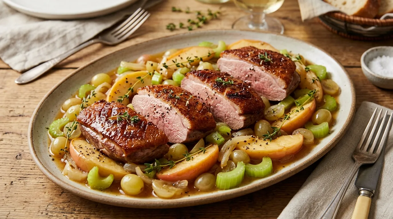 Filets de canette à la peau dorée, tranchés rosés, sur des quartiers de pomme, des grains de raisin blanc et du céleri branche au thym.