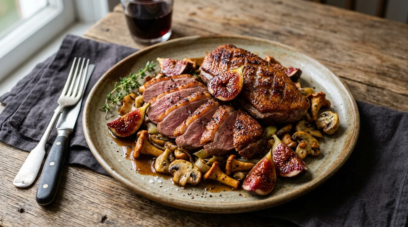Magret de canard tranché rosé, figues fraîches rôties et poêlée de girolles et de champignons de Paris aux poireaux, sur une assiette en grès.