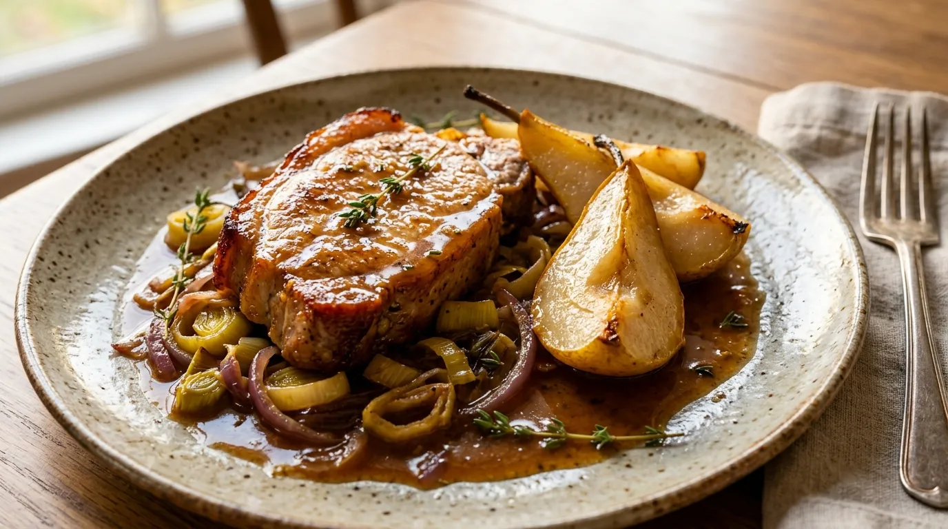 Tranche de rôti de porc dorée sur un lit de poireaux fondus, avec des quartiers de poire rôtis et du thym, dans une assiette en grès.