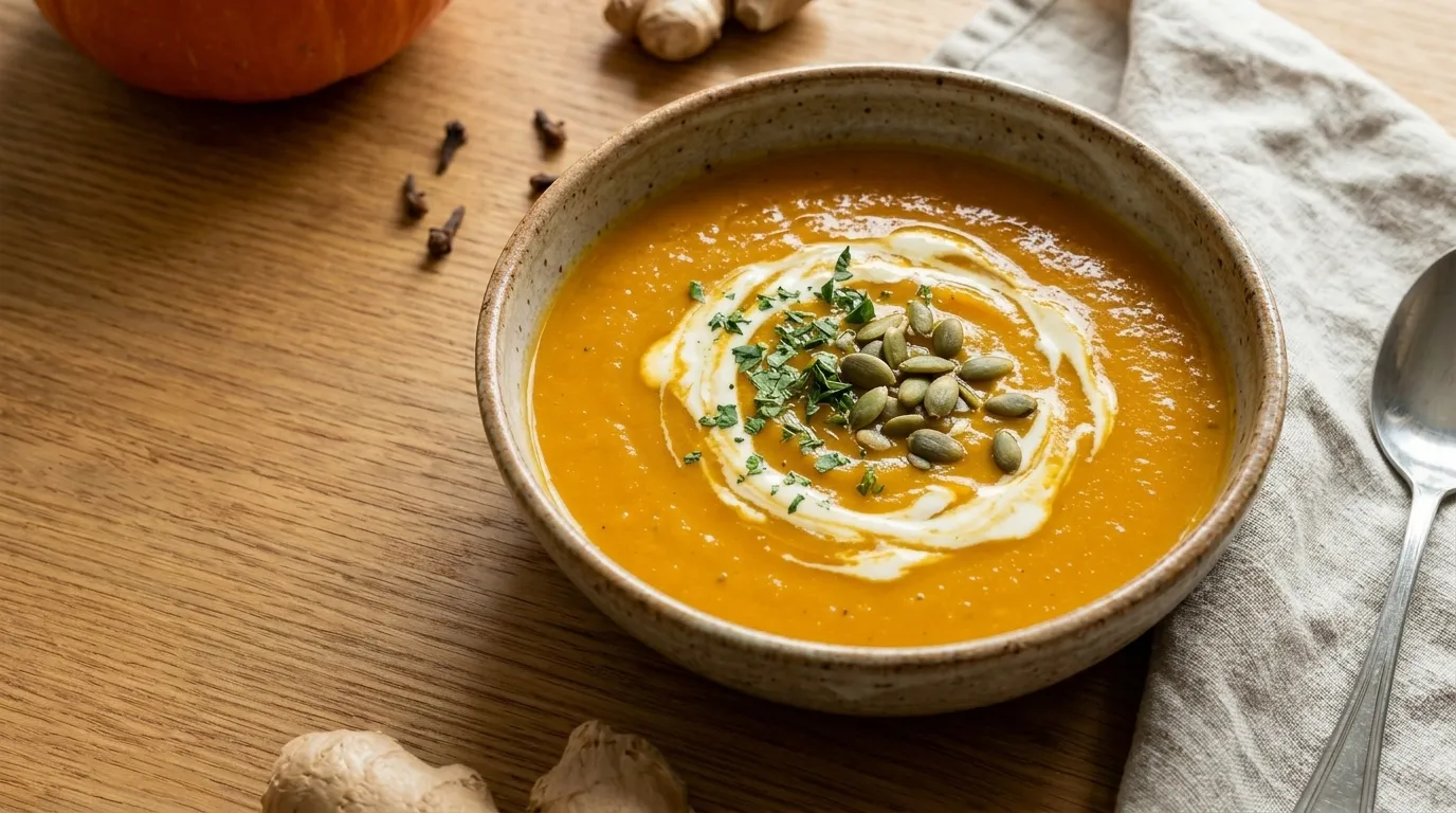 Velouté de courge et de carotte au gingembre dans un bol en grès, avec un filet de crème, des graines de courge et du persil.